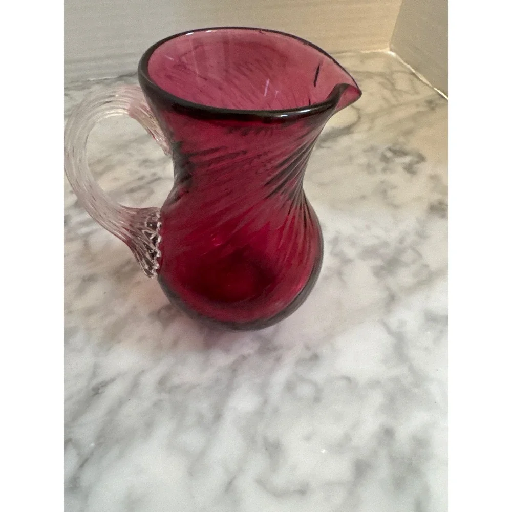 Vintage Cranberry Glass Pitcher Hand Blown Optic Swirl Ruby Red Clear Handle 4in